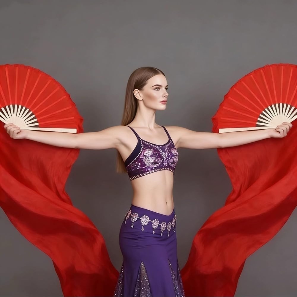Women Chinese Belly Dance Silk Fan Veils (Left+Right) 1 Pair Long Fans for Dance - Picture 4 of 5